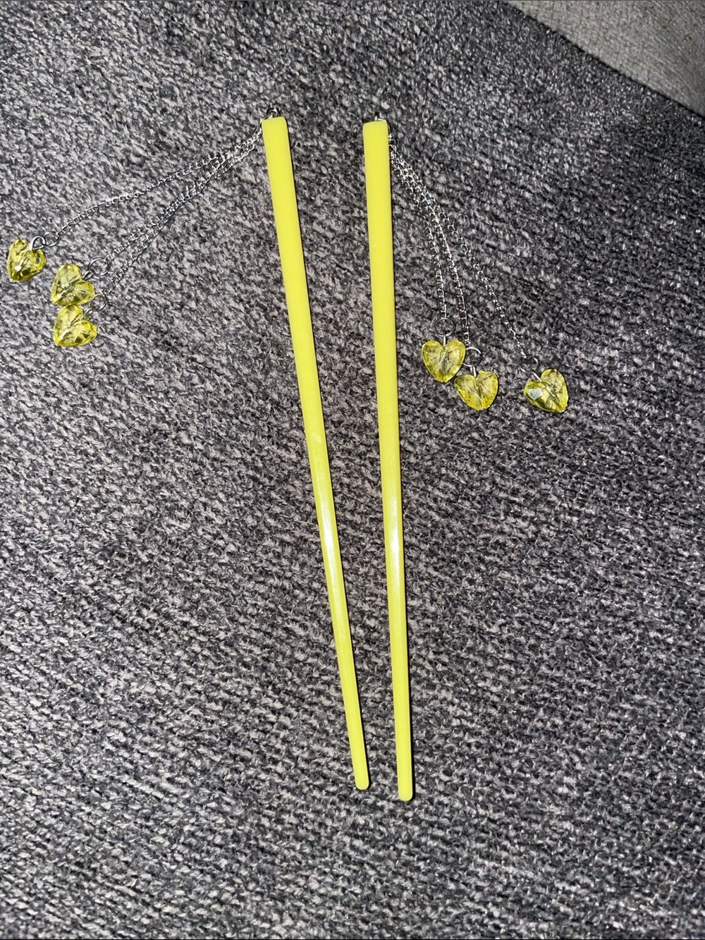 Neon Yellow Hair Sticks with Heart Charms 80s glam style chopsticks 🥢 accessory